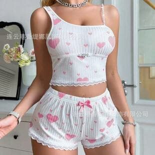 2025 New Women's Two-Piece Loungewear Set Heart Print Camisole Shorts Casual Ribbed Pajama Set