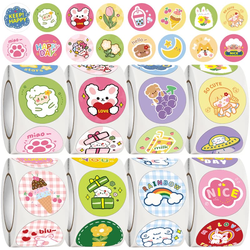 New Roll Cartoon Cute Round Seal Stickers for Kids Reward Stickers Ins Decorative Journal Material Stickers