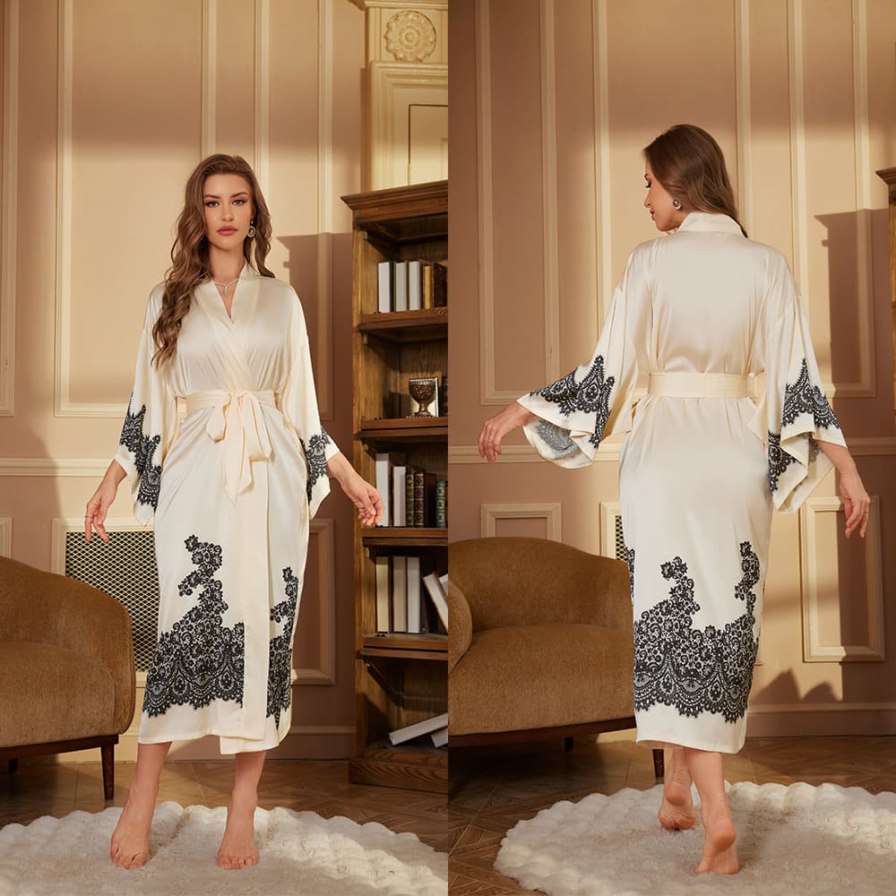 Amazon New Women's Spring/Autumn Morning Robe Long Sleeve Bathrobe Women's High-End Satin Sleepwear Collection