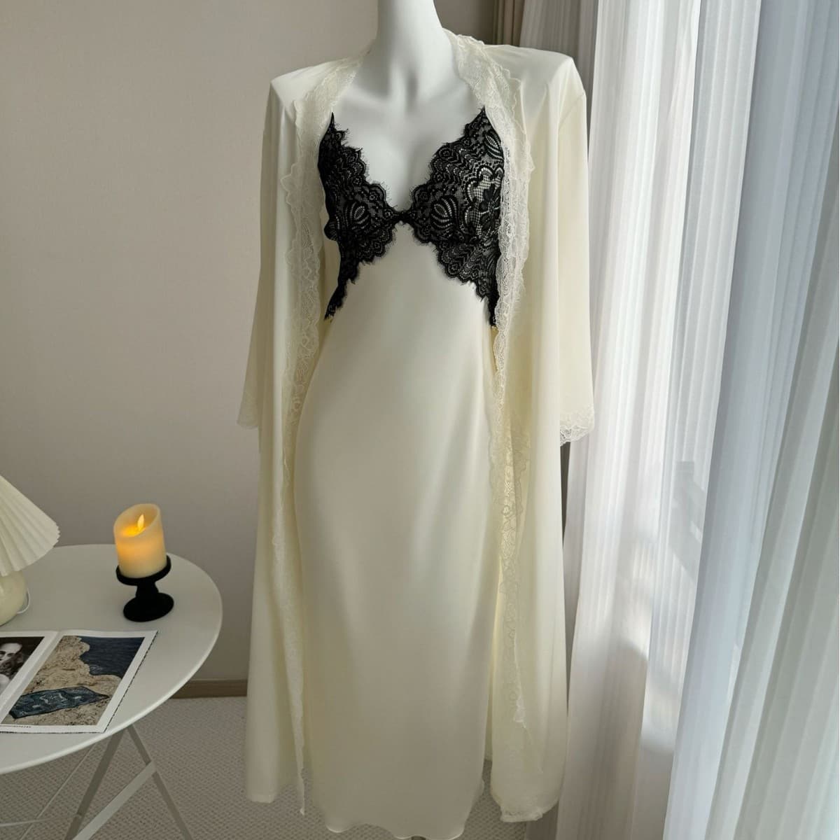 New Ice Silk Pajamas for Women Summer Long Nightgown Sexy Sleeves Water-Soluble Flower Lace Splicing Home Clothes for Women