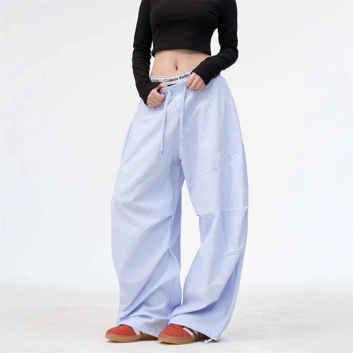 Bubble scimitar pants American wide-leg casual pants for women 2026 summer loose slimming contrast stripes niche lazy style