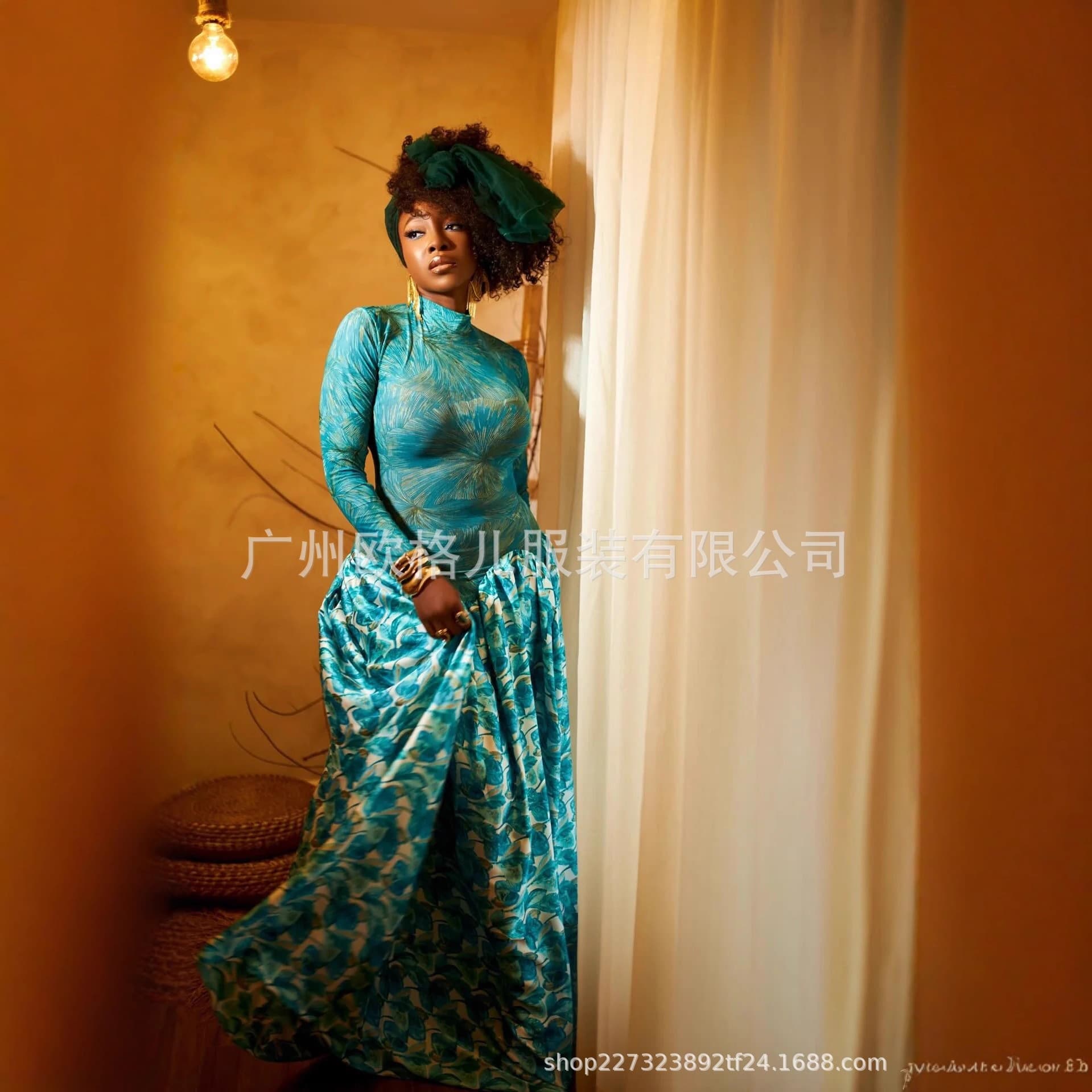 2026 European and American style ins cross-border printing splicing women's slightly see-through A-line skirt high-neck elastic slim long-sleeved dress