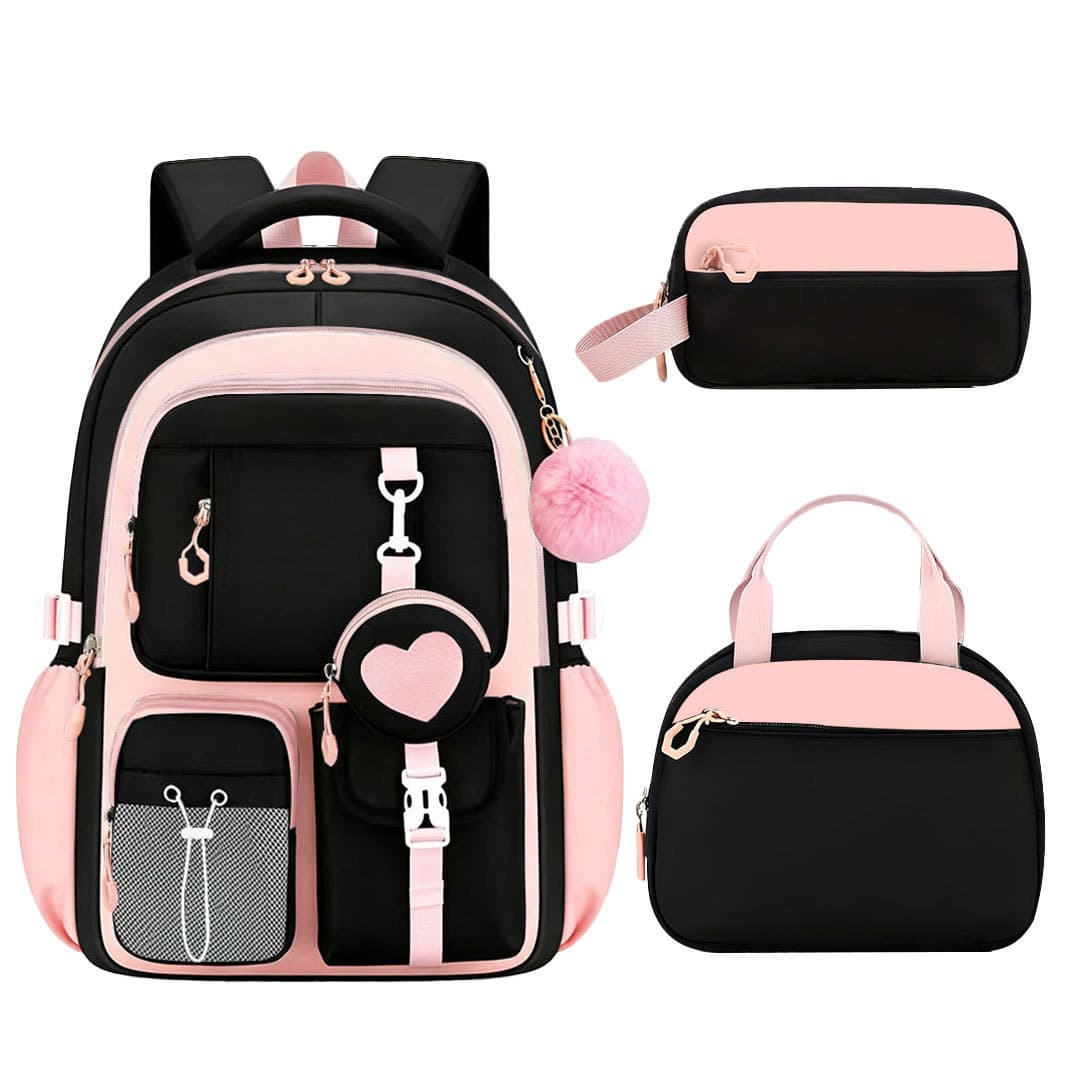 New Cross-border Elementary School Backpack Spine Protection Lightweight Large Capacity Heart Three-piece Set Middle School Girls Backpack