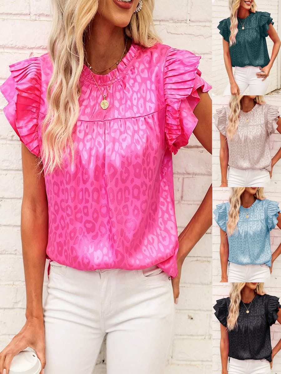 Fashionable Summer Women's Top European Style Print Blouse with Pleated Sleeves And Wave Collar Short Sleeve Polyester Material