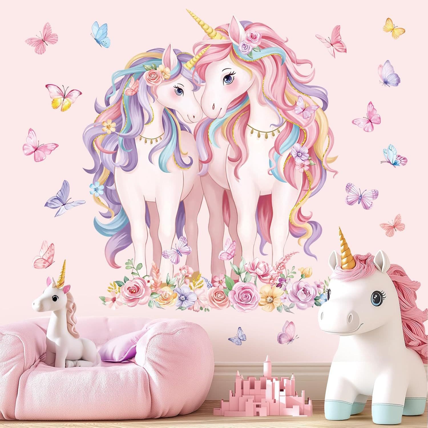 Large Unicorn Wall Sticker Pink Fairy Butterfly Wall Sticker Baby Nursery Bedroom Girl Room Home Decor