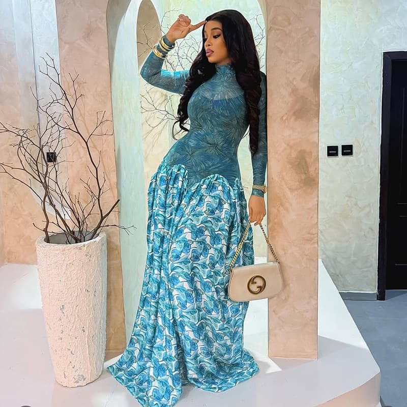 European and American style ins cross-border printed splicing women's slightly transparent fresh A-line skirt high-neck elastic slim long-sleeved dress