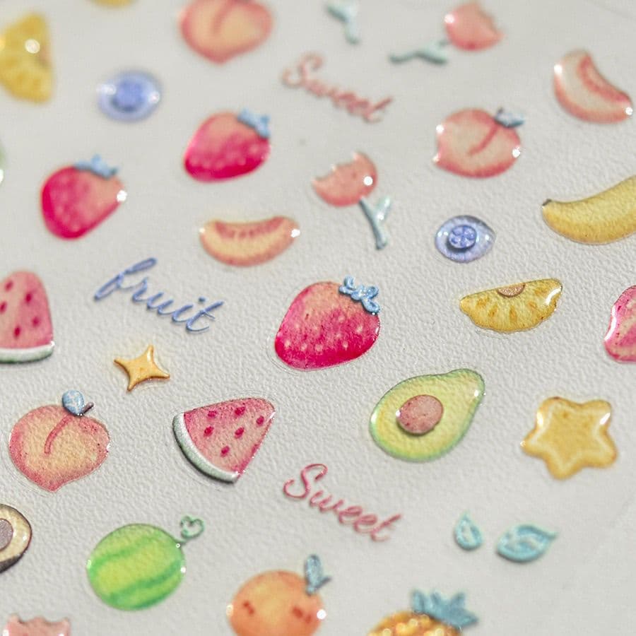 Summer Colorful Dopamine Fruit Watermelon Strawberry 3D Relief Nail Stickers Cartoon Short Nail Stickers