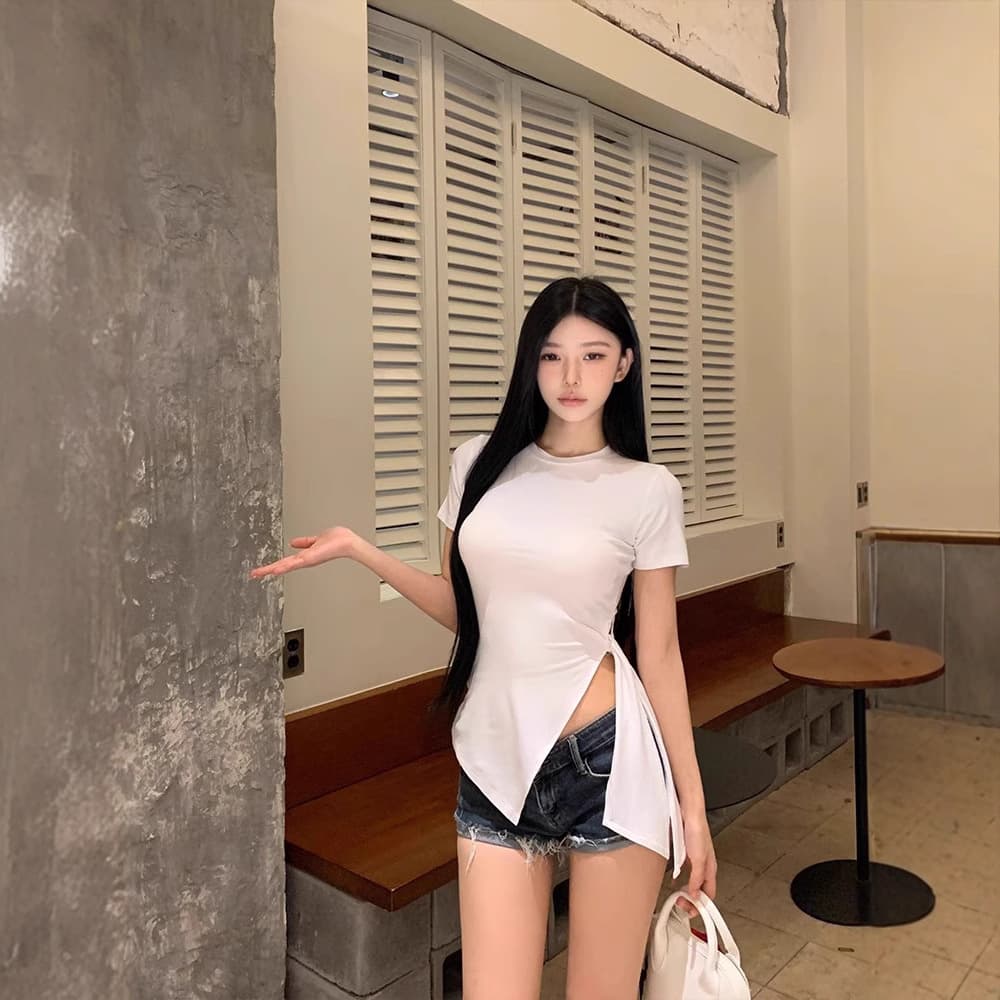 Sheer Split Irregular Tie Strap Short Sleeve T-Shirt for Women Summer Unique Hot Girl Slim Fit Top Sheer Tight Sexy