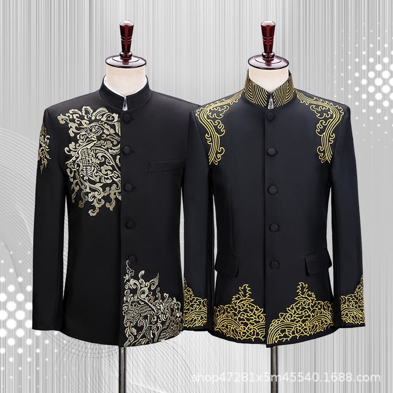 Embroidered Zhongshan Suit Black Stand Collar Youth Adult Men's Set Jacket Men's Suit Performance Costume Choir Clothing