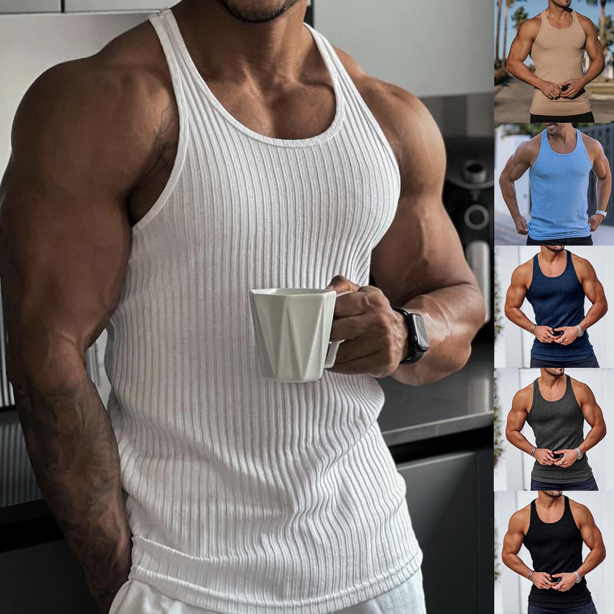 Cross-border foreign trade summer knitted fitness sports slim fit vest men's racerback vest