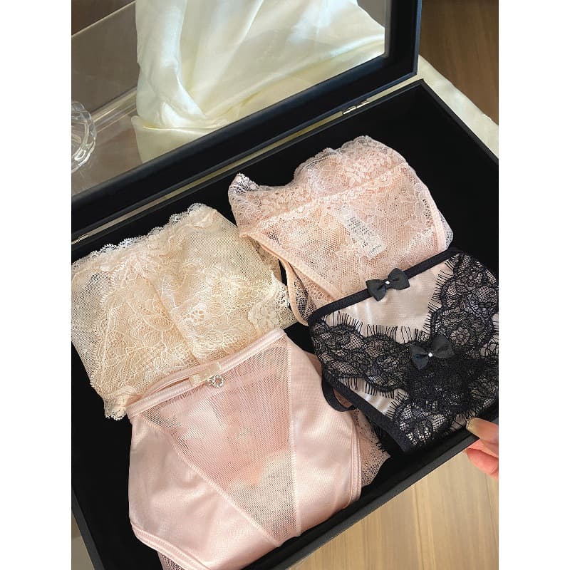 Pure and Alluring ~ French Sexy Sweet Mature Girl Fairy Pink Black Gift Box Set Lace Panties for Women