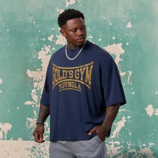 YOUNGLA x GOLD'S New Men's Short Sleeve Jogger Athletic Fitness Cotton Plus Size Loose Fit Cropped T-Shirt