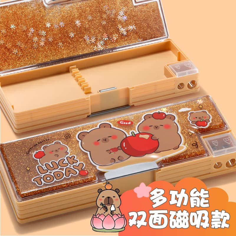 Sparkling Quicksand Stationery Box Kapibara Double-sided Large Capacity Pencil Box for Primary School Students Boys and Girls Ultra-Lightweight and Portable