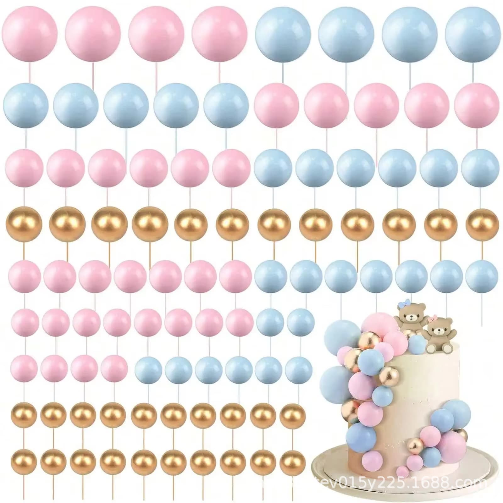 68-piece Cross-border Set: Cake Decoration Gold, Silver, and Colored Balls for Birthday Party Cake Decorations in Mixed Colors