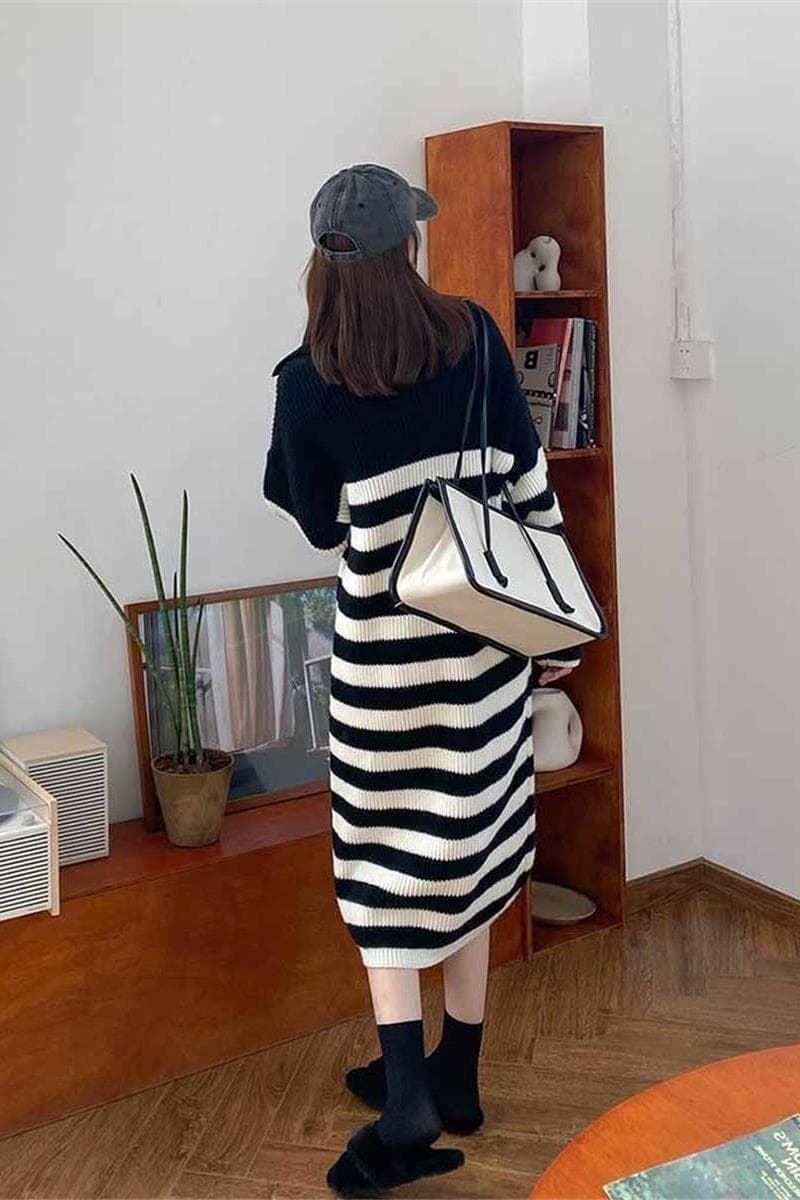 Plus Size Mid-Length Knit Loose Striped Autumn/Winter Dress Large Collar with Fashionable Match Youthful New Wool Inner