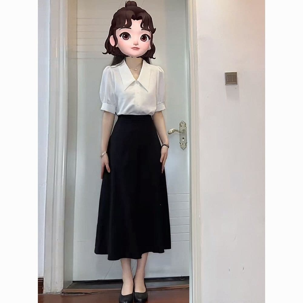 A white shirt is a professional interview attire, suitable for commuting or teaching certification exams; a black midi skirt completes the petite two-piece workwear look.