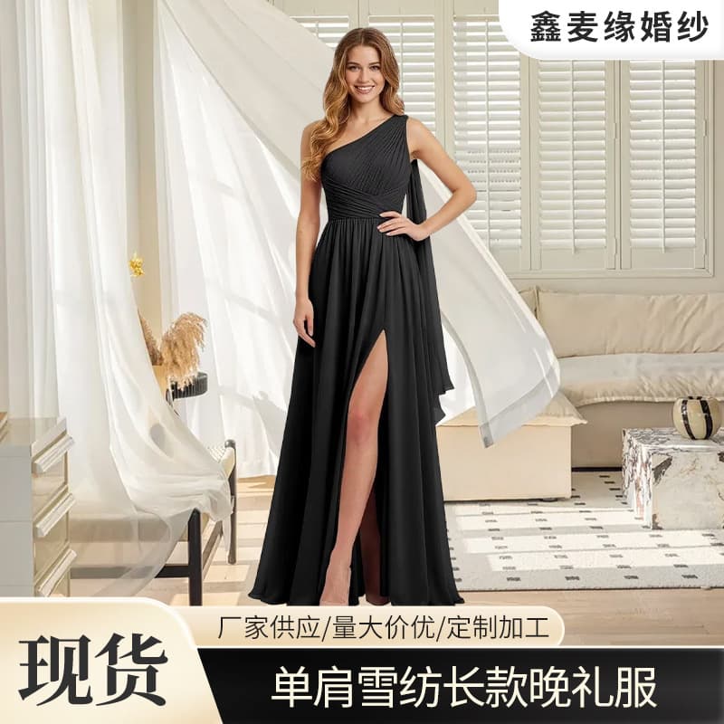 One-Shoulder Chiffon Evening Dress High-Waist Slit Sexy Fashion Trendy Long Dress Bridesmaid Sister Group Wedding Dress