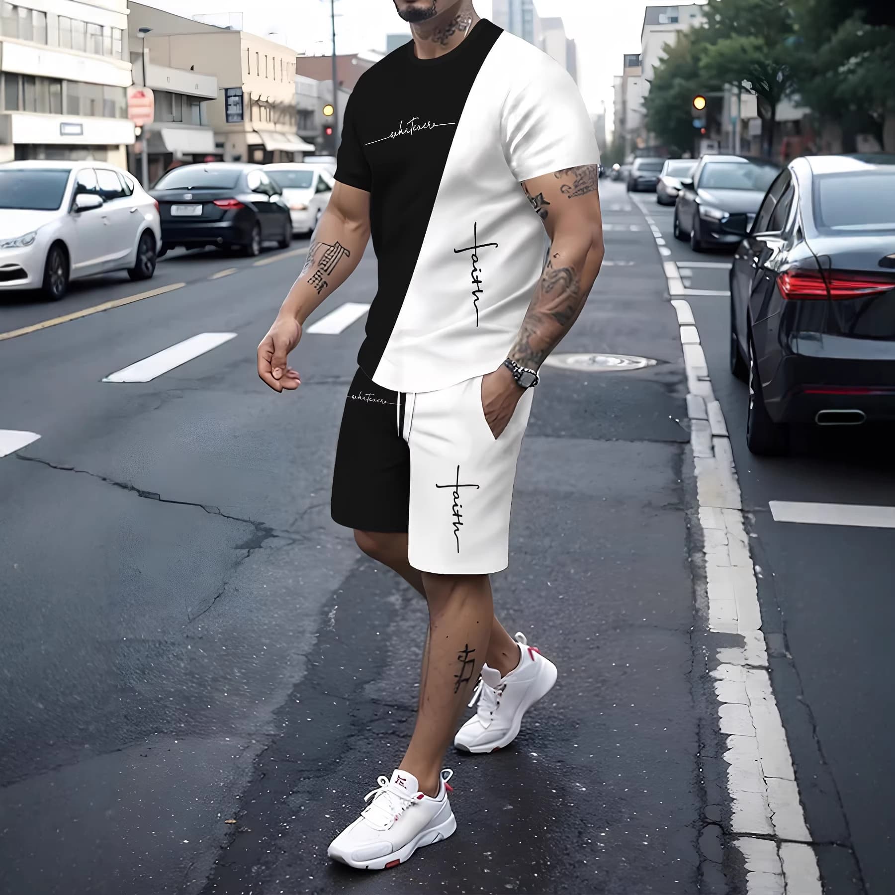 2026 Amazon Best-Selling Set Fashion Short Sleeve T-Shirt and Pants Loose Men's 3D Digital Print Gradient Color
