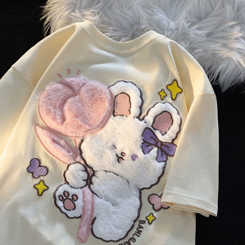 Flocking Sweet Plush Rabbit Cotton Short-sleeved T-shirt Women's Loose Cute Japanese Style Chic Unique Top