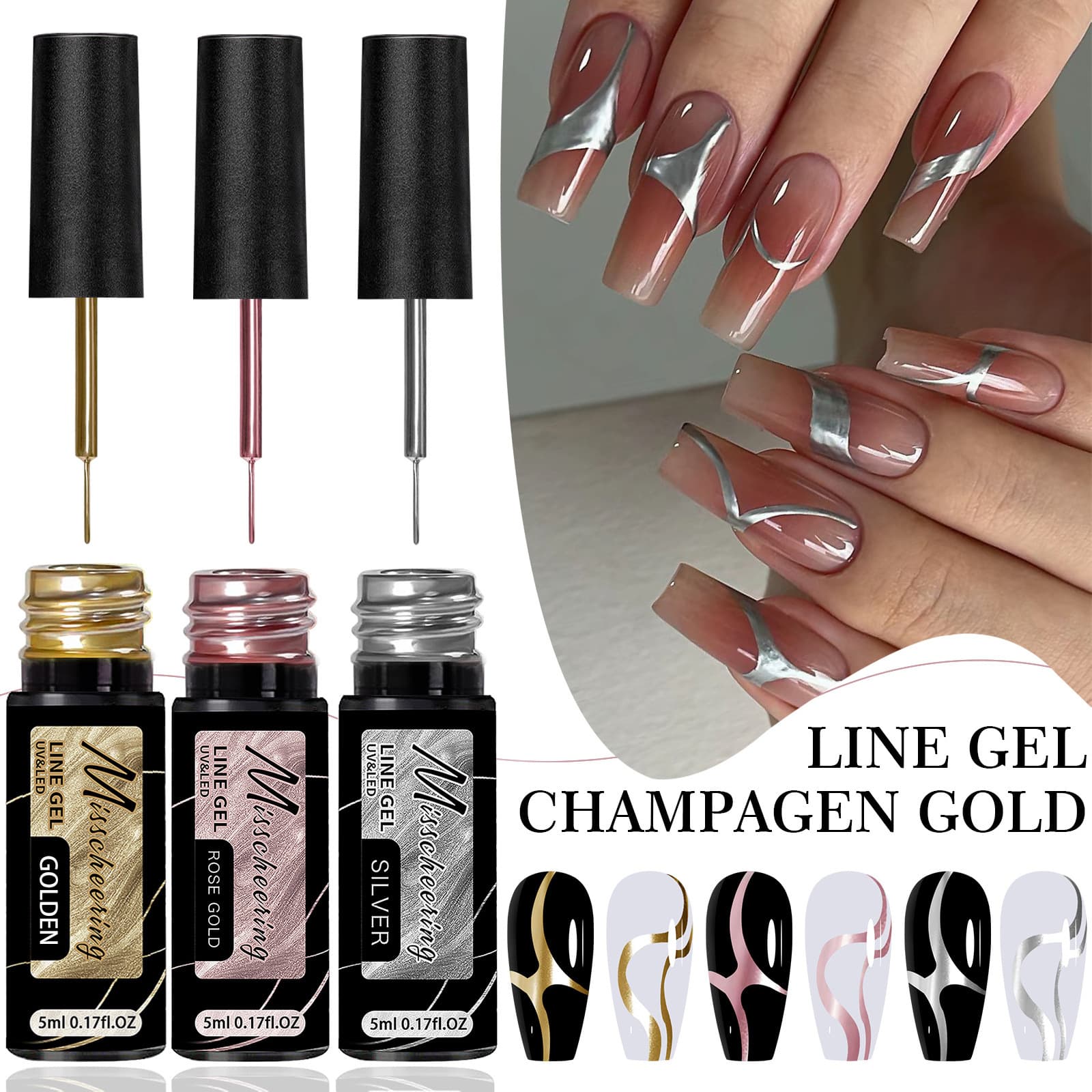 High Density Metal Nail Art Gel Classic Phototherapy Line Gel Gold Silver Color Painted Transparent Hook Line Gel for Nail Art