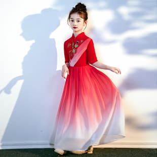 New Children's Chorus Performance Dress Girls Guzheng Gown High-End Chinese Style for Poetry Recitation and Piano