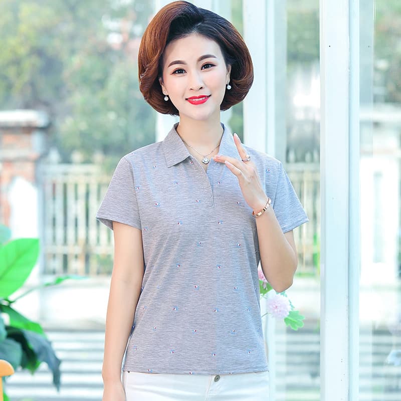 Women's Short Sleeve T-Shirt for Summer, Turn-Down Collar, Loose Fit, Stylish Blouse for Middle-Aged Mothers, Pure Cotton, Summer Top Polo Shirt