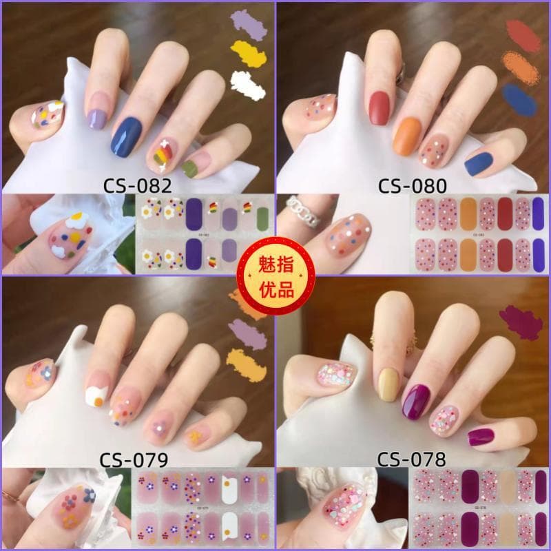 CS Waterproof No-Bake Gel Nail Polish Film Full Cover Plaid Spring Summer Floral Nail Wraps Stickers