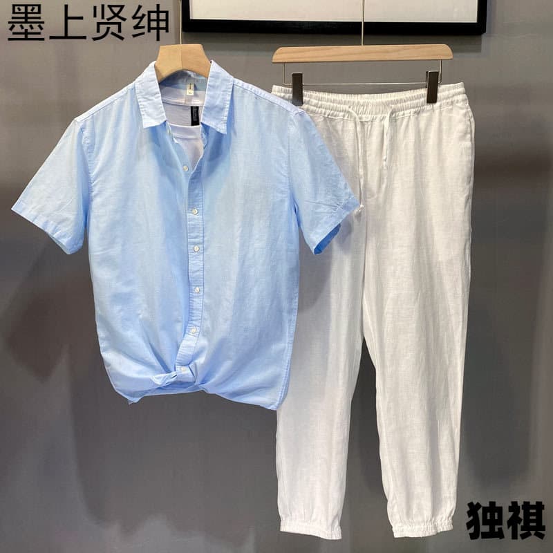 Casual Lightweight Short Sleeve Cotton Linen Shirt Men's Slim Fit Summer Shirt Pure Color Button Decorated Business Gentleman