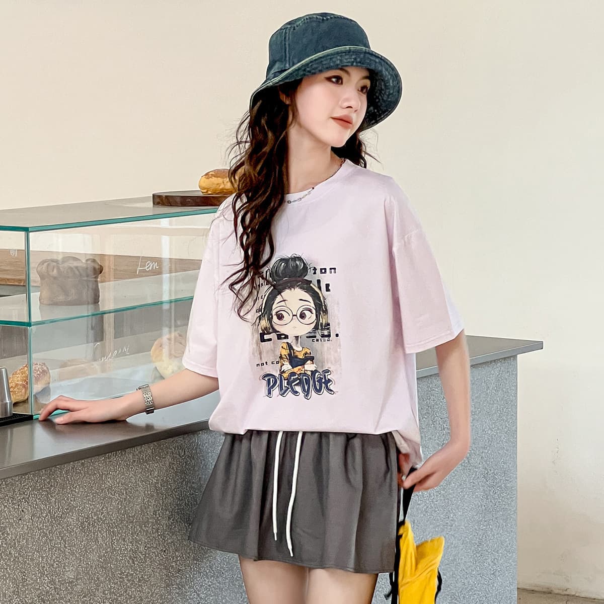 Children's Short Sleeve T-Shirt for Girls, Older Kids, Summer Thin Style, Loose Fit, Cartoon Print, Youth Casual Wear
