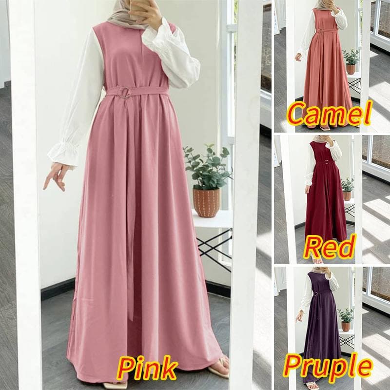 Miaoxiangyi Fashion 2026 Spring/Summer Casual Elegant Women's Color-Blocked Sleeve Round Neck Large Hem Dress Cross-border