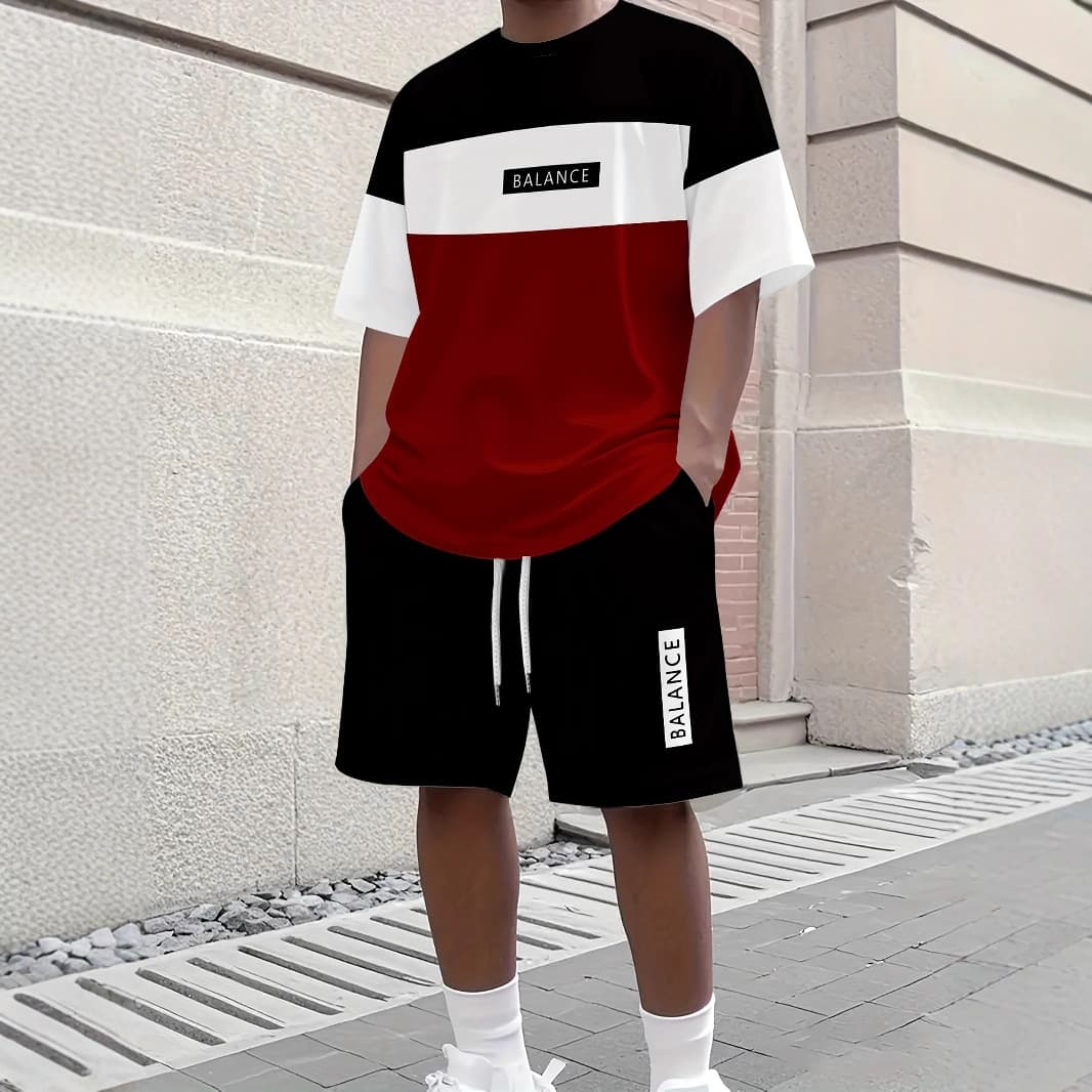 Men's American Color Block Short Sleeve Set Red Black White Casual T-Shirt Shorts Two-Piece Set Trendy Sports