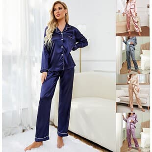 Women's Imitation Silk Pajamas Long Sleeve Ice Silk Two-Piece Set Korean Style Casual Cardigan Silk Pajamas Wearable Outside Homewear