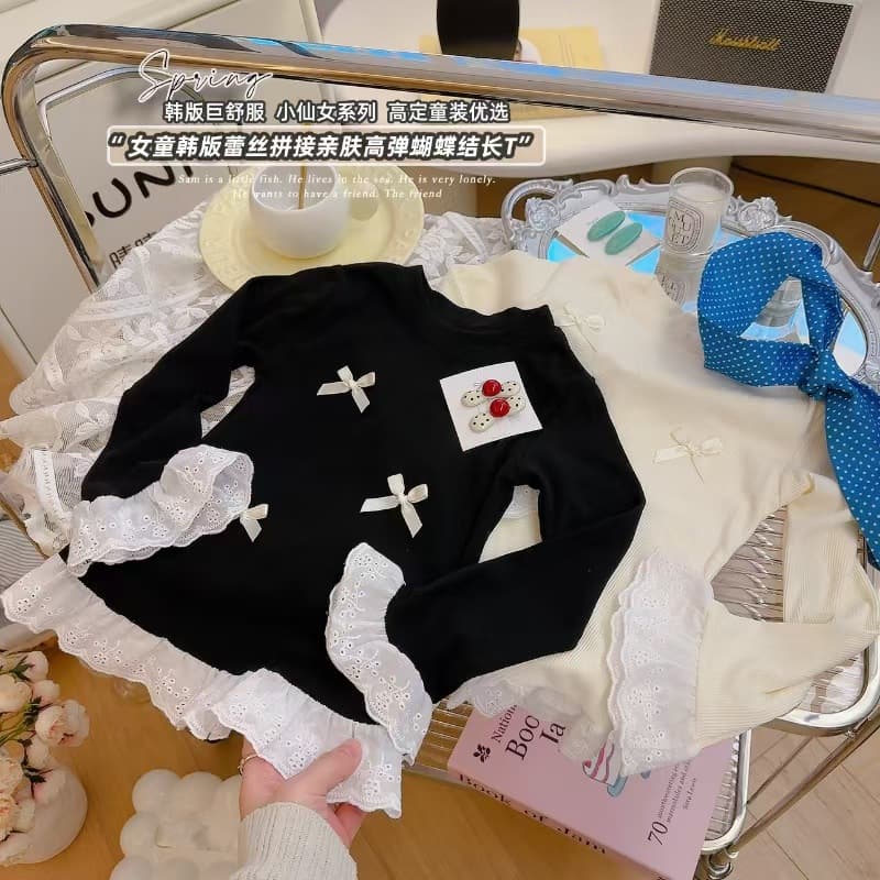 New cute bow-knot spring girls' long-sleeved T-shirt with lace trim, sweet base layer, versatile and stylish