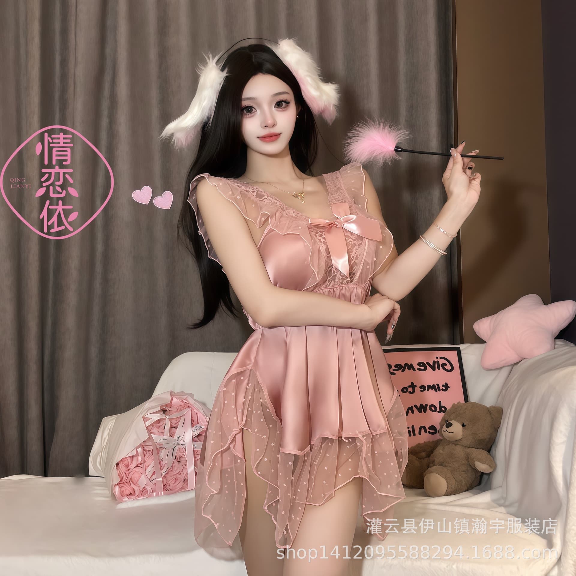Sexy Deep V Polka Dot Mesh Pajamas Sweet Bowknot Strap Sleep Dress Women's Homewear Set Wholesale