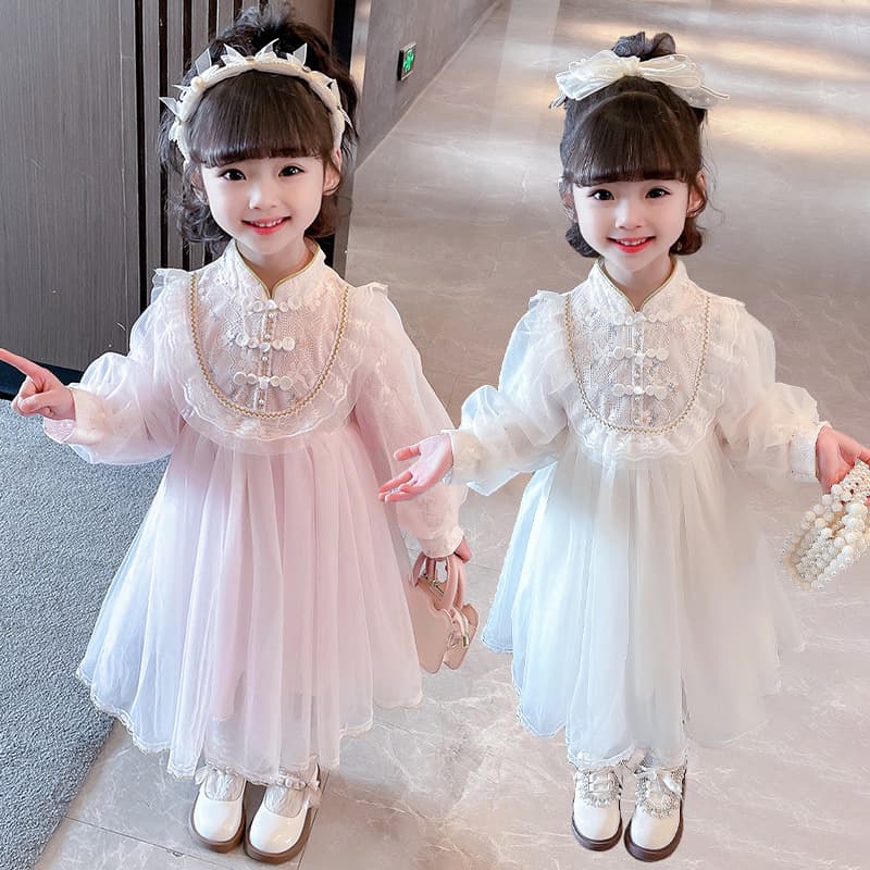 Girls' improved cheongsam dress spring and autumn children's antique dress gauze skirt little girl spring Hanfu princess skirt