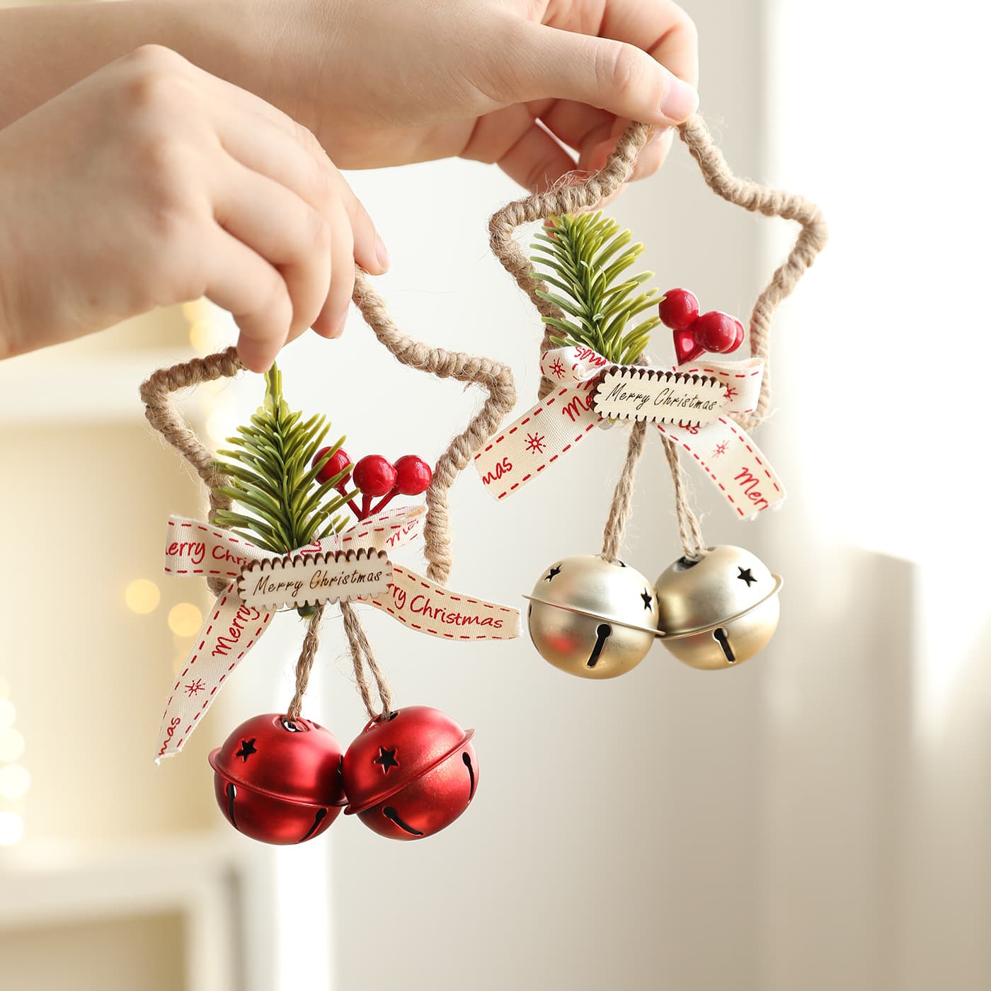 New Christmas five-pointed star bell pendant wall hanging door hanging Christmas tree hanging decoration Christmas bow bell decoration