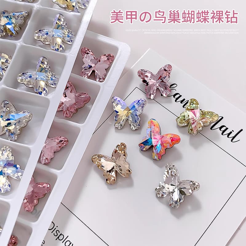 High-top manicure diamond bird's nest cut butterfly Internet celebrity hot style K9 diamond tip bottom diamond color butterfly diamond manicure accessories