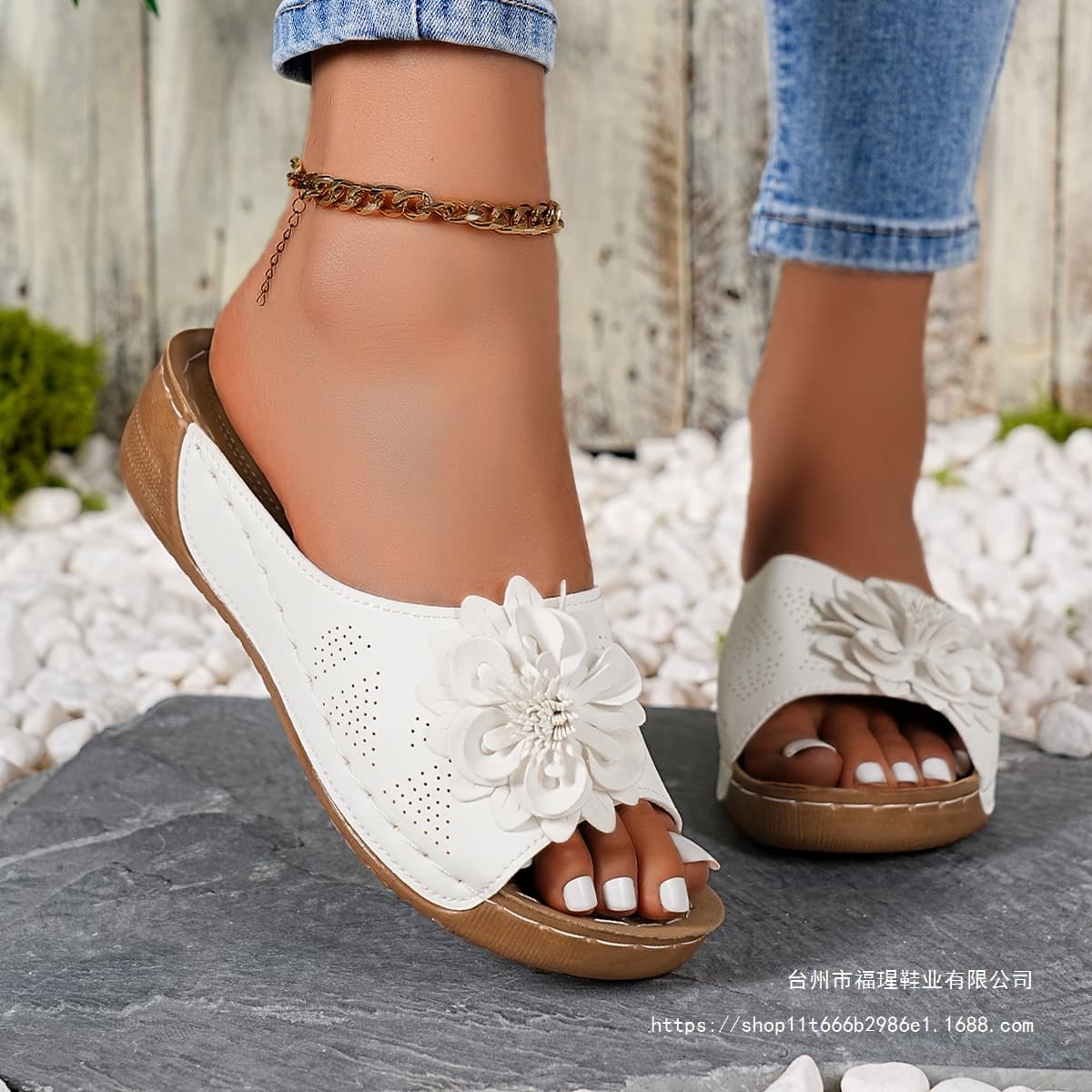 Cross-border Large Size Women's Summer Wedge Heel Flower Thick Sole One-strap Sandals Slippers Solid Color Beach Slippers