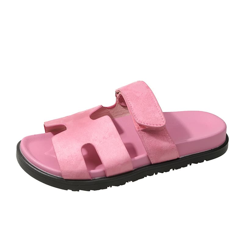 Cross-border In Stock 2025 Summer New Plus Size Flat Hook-and-Loop Foreign Trade European and American Color-block Peep-toe Simple Flat Sole