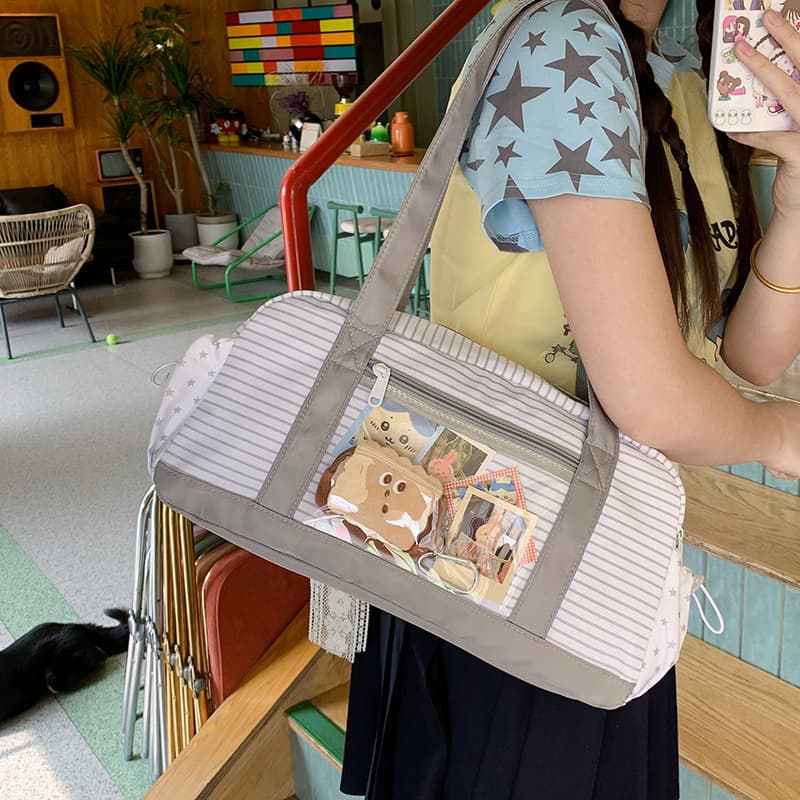 Sweet bow polka dot shoulder bag large capacity double-sided transparent pain bag striped design student portable tote bag