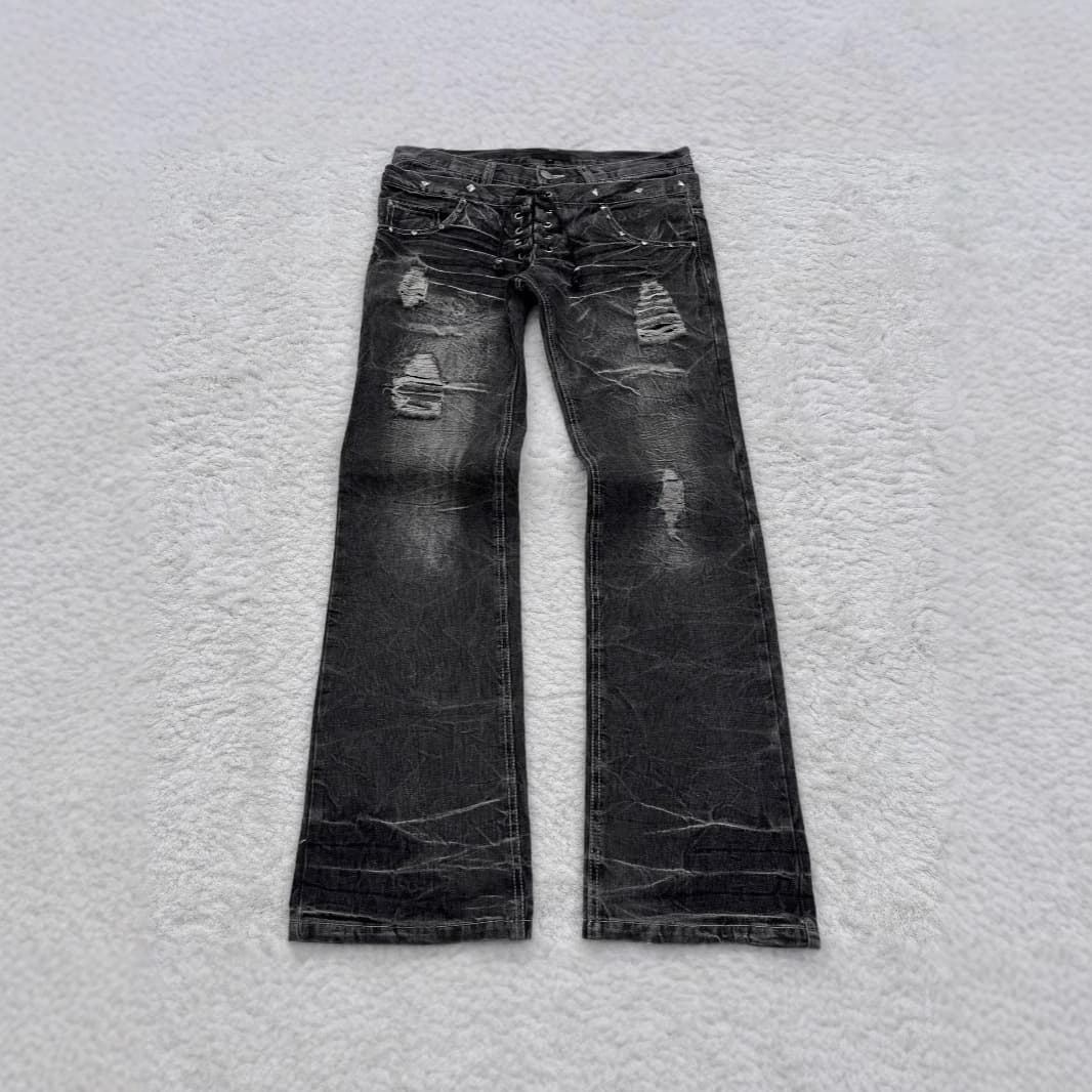 European and American Cross-Border Y2K Gothic Style Bootcut Pants Street Retro Washed Ripped Double Waist Jeans Trendyy Pants