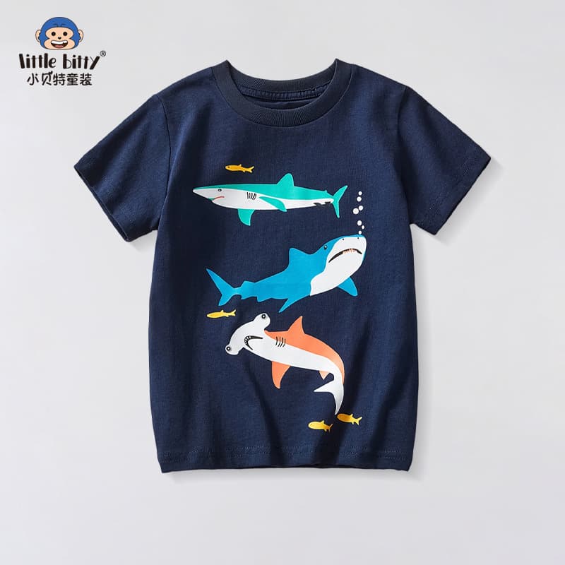 Cartoon Shark Short T-Shirt for Boys Round Neck Summer Kids Clothing Soft Cotton Moisture Wicking Print Design European Style