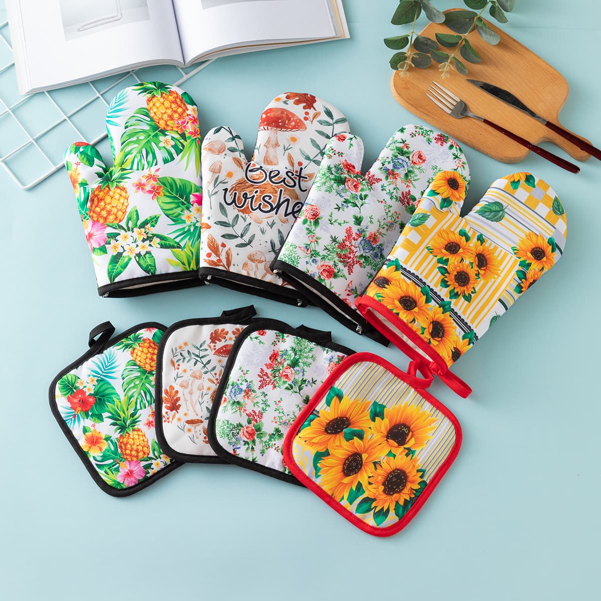 Kitchen Polyester Digital Printed Microwave Oven Baking Gloves and Heat-Resistant Pad Set, High-Temperature Resistant Oven Mitts