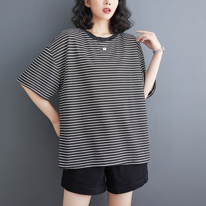 Summer Classic Striped Crewneck T-Shirt for Women, Loose Fit, Slimming, Versatile Casual Short Sleeve Top