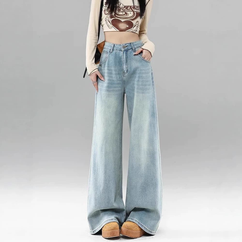 2026 Spring/Summer New American High Street Light Wash Wide Leg Jeans for Women, Vintage Slimming High Waist Loose Straight Leg Pants