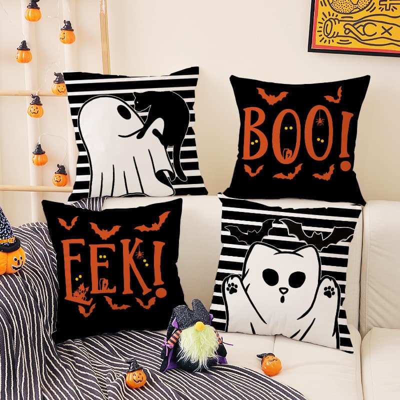 Halloween Black Cat Short Plush Cushion Cover Ghost Stripe Print Cushion Home Living Room American Sofa Cushion Cover