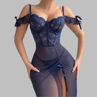Sexy Lace Patchwork Lingerie Set with One-Shoulder Strap and Sheer Mesh Nightgown for Women