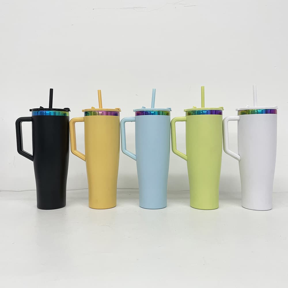 Meoky's New Waist-Shaped Straw Insulated Cup with Rainbow Ion Gradient Electroplating, Large Capacity Stainless Steel Ice Cup