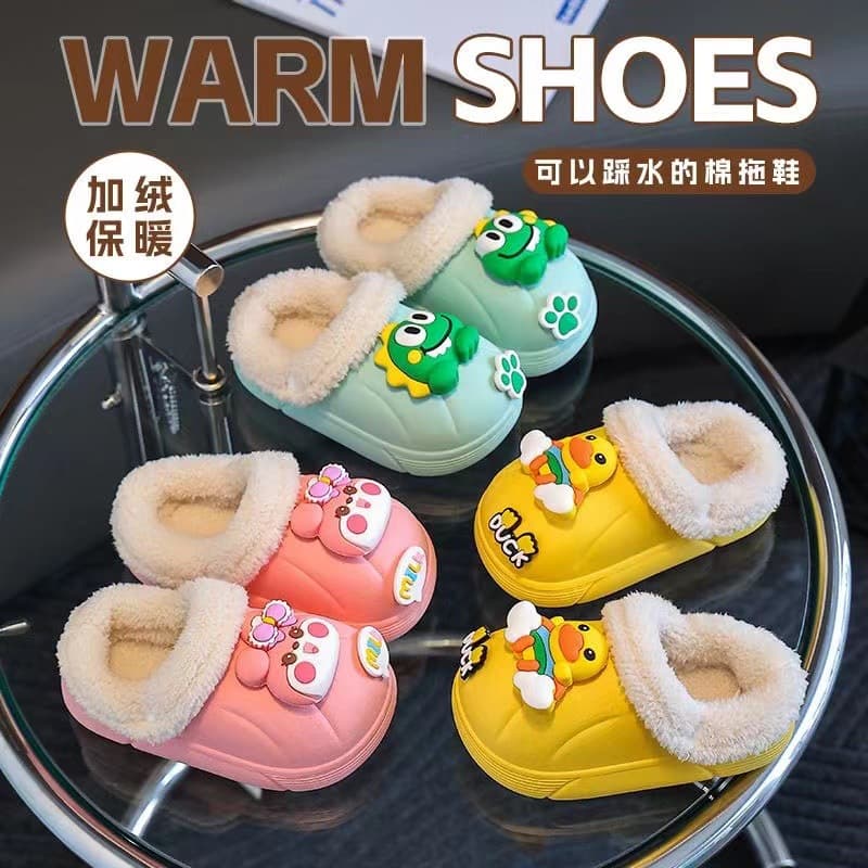 PVC 3D Cartoon Cotton Slippers Winter Fleece-Lined Detachable Waterproof Cute Animal Children's Unisex Cotton Slippers