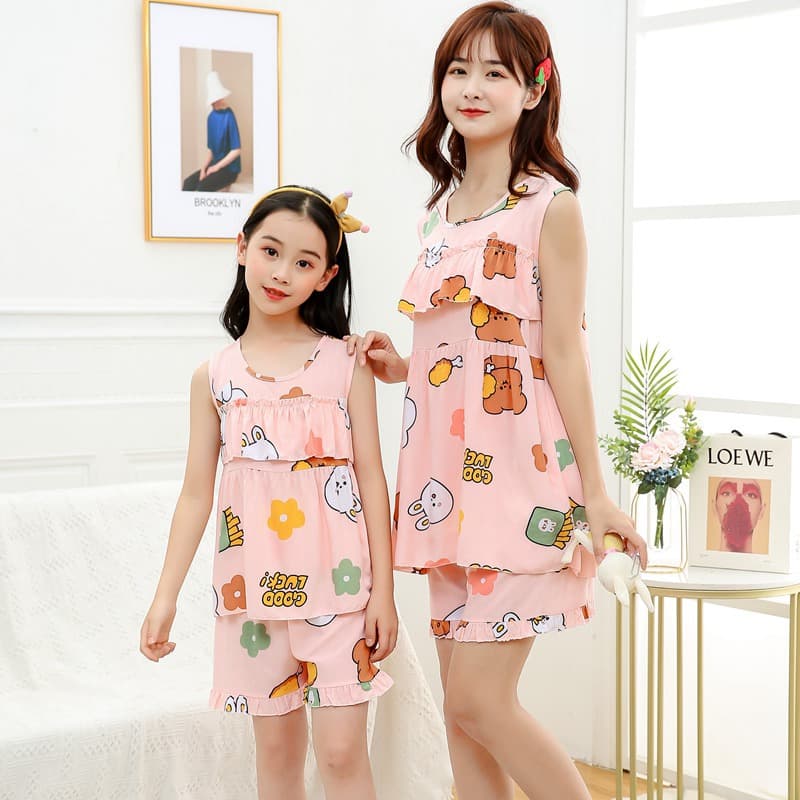 Children's Loungewear Cotton Silk Short Sleeve Girls Pajamas for Older Kids Baby Parent-Child Mother-Daughter Matching Set Women's Two-Piece Girls
